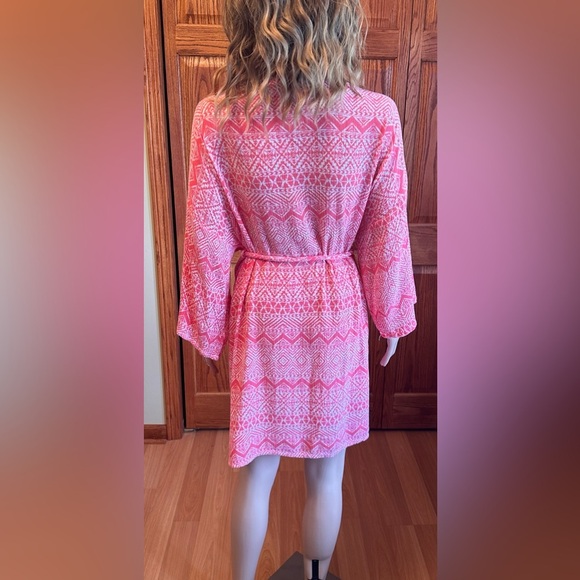 Pink Blush Womens Medium Duster Robe Geometric Color Barber Pink Tie Belt - Picture 2 of 12